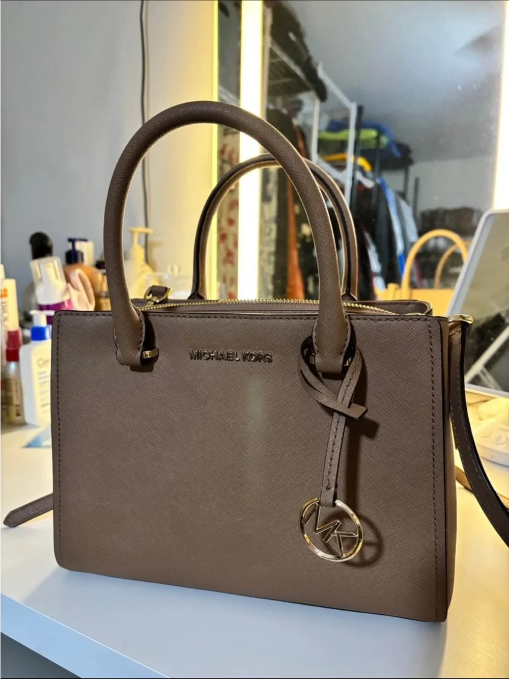 MICHAEL KORS Taupe Brown Saffiano Leather Satchel with MK Charm - Picture 1 of 4